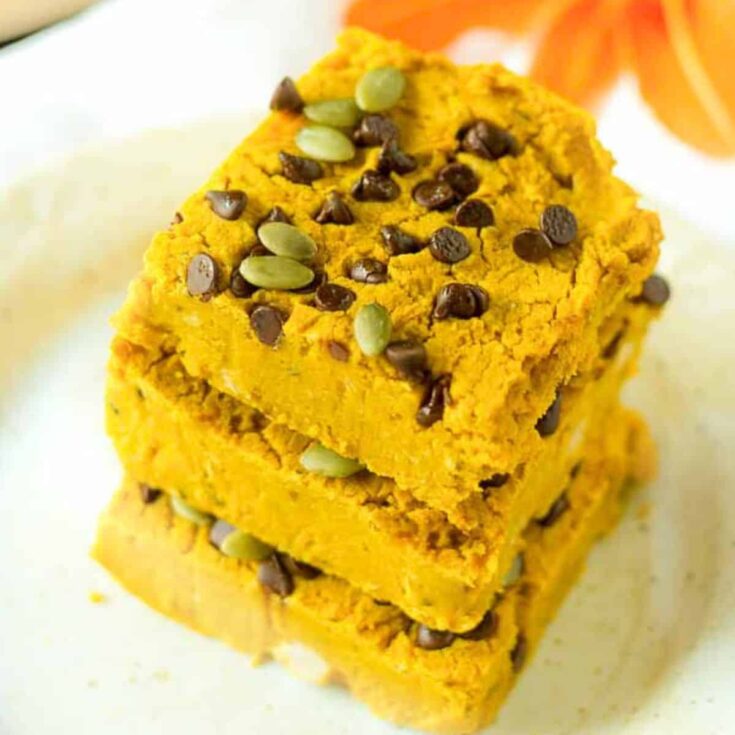 A stack of healthy pumpkin bars made after reading these Fresh pumpkin recipes