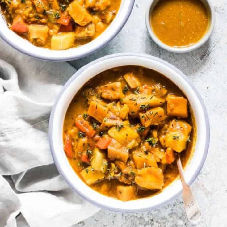 A bowl of Instant Pot pumpkin and plantain curry made after reading these&nbsp;Fresh pumpkin recipes