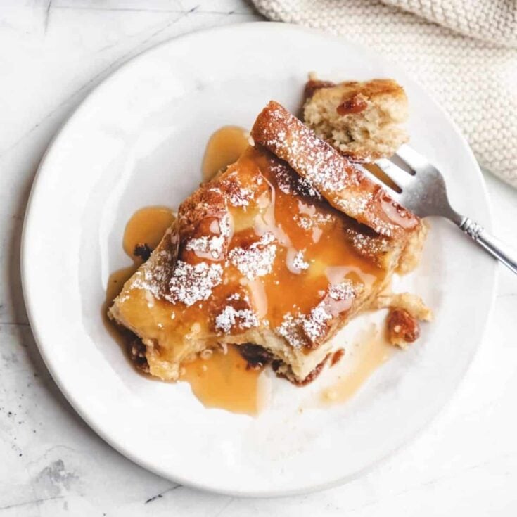 A plate of Irish bread pudding made after reading these St. Patricks Day desserts