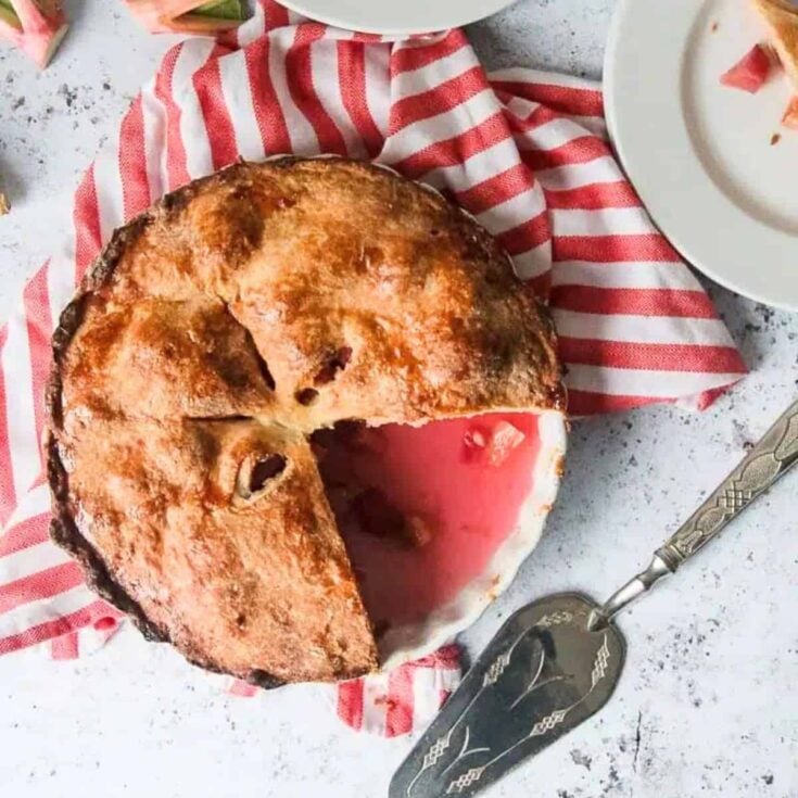 A sliced Irish country rhubarb cake made after reading these St. Patricks Day desserts