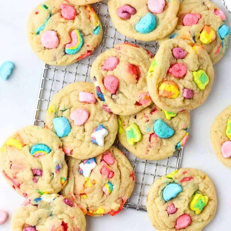 A tray of colorful lucky charms cookies made after reading these St Patricks Day cookies