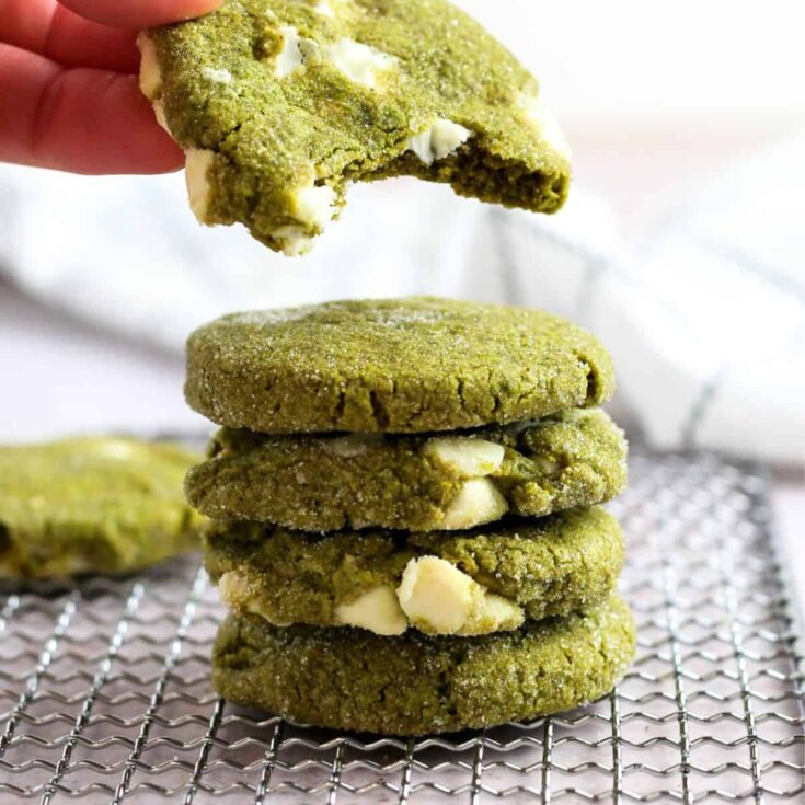 A stack of matcha white chocolate cookies made after reading these St Patricks Day cookies