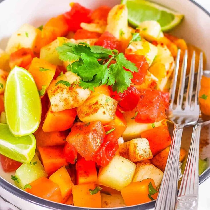 A bowl of Mexican fruit salad made after reading these Cinco de mayo desserts