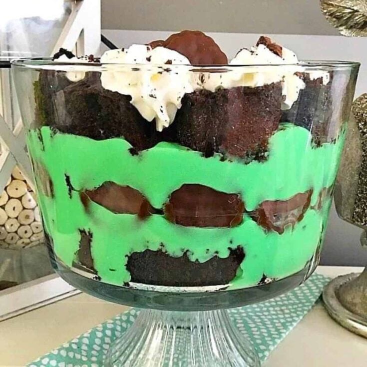 A big bowl of mint chocolate trifle made after reading these St. Patricks Day desserts