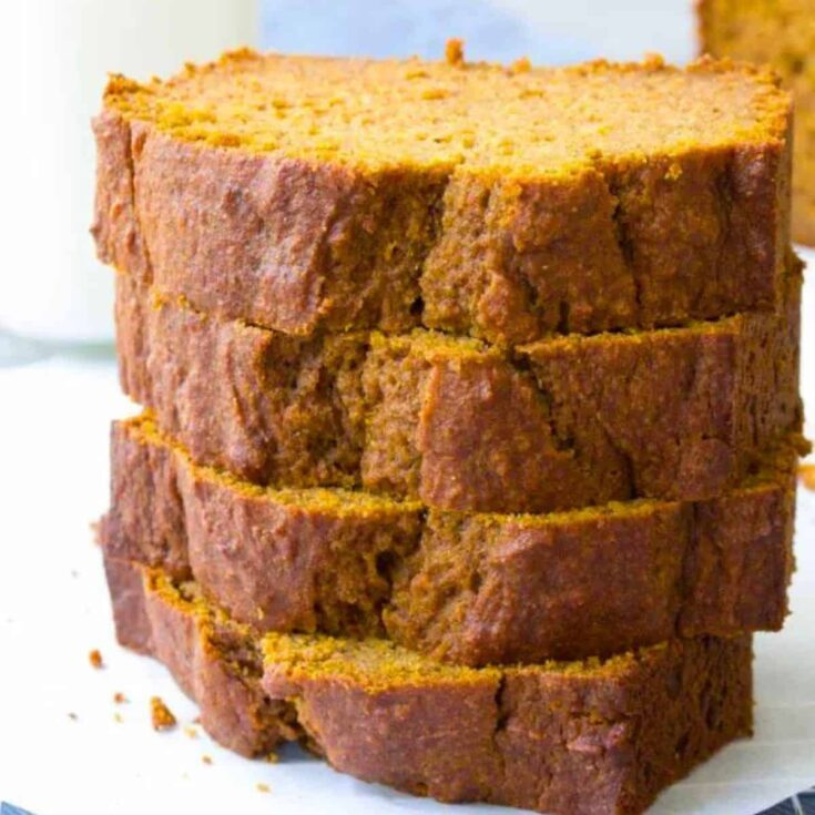 A stack of pumpkin bread made after reading these Fresh pumpkin recipes