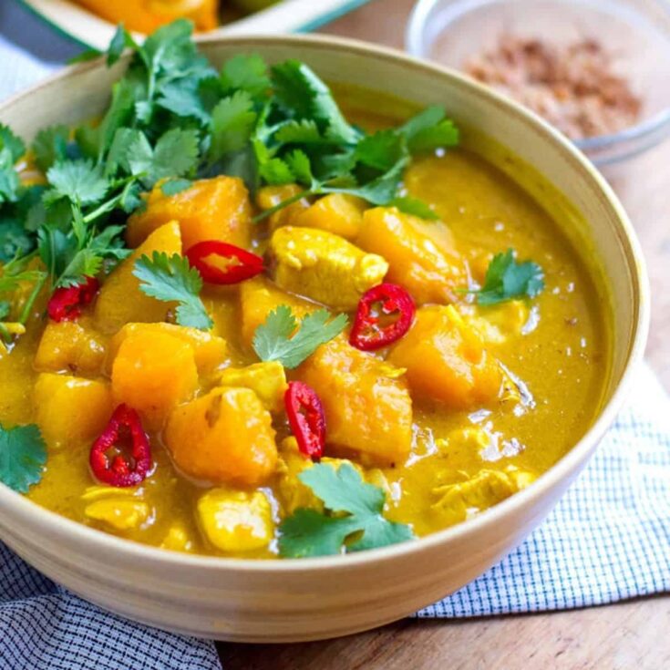 A bowl of pumpkin chicken curry made after reading these&nbsp;Fresh pumpkin recipes