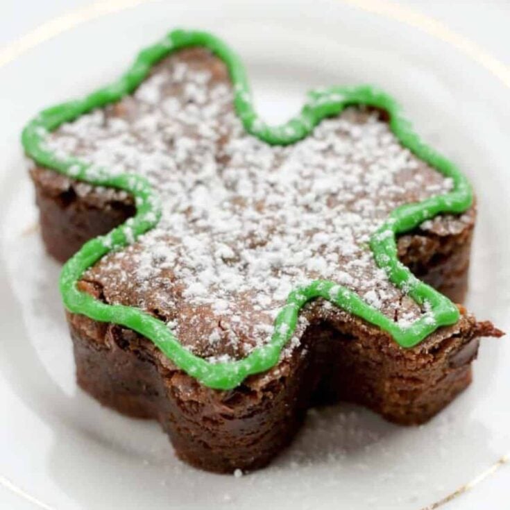 A plate of Shamrock shaped brownies made after reading these St. Patricks Day desserts