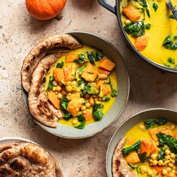 A bowl of vegan pumpkin chickpea stew made after reading these Fresh pumpkin recipes