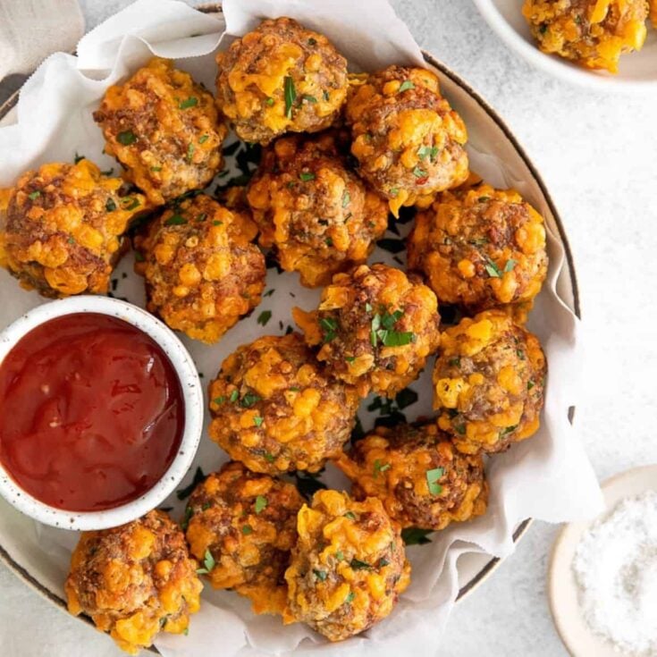 A bowl of Bisquick sausage balls made after reading these One bite appetizers