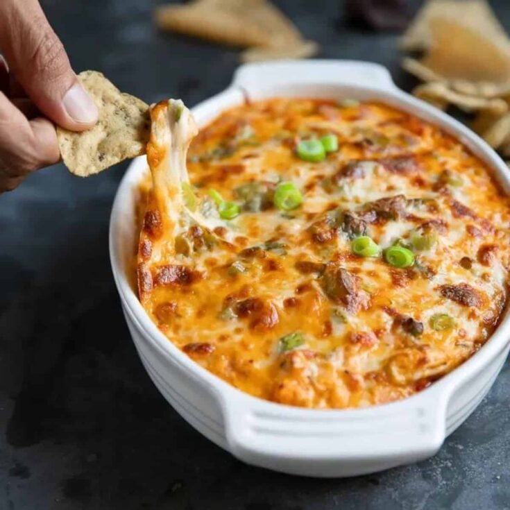 A bowl of Buffalo chicken dip made after reading these New Years Eve appetizers