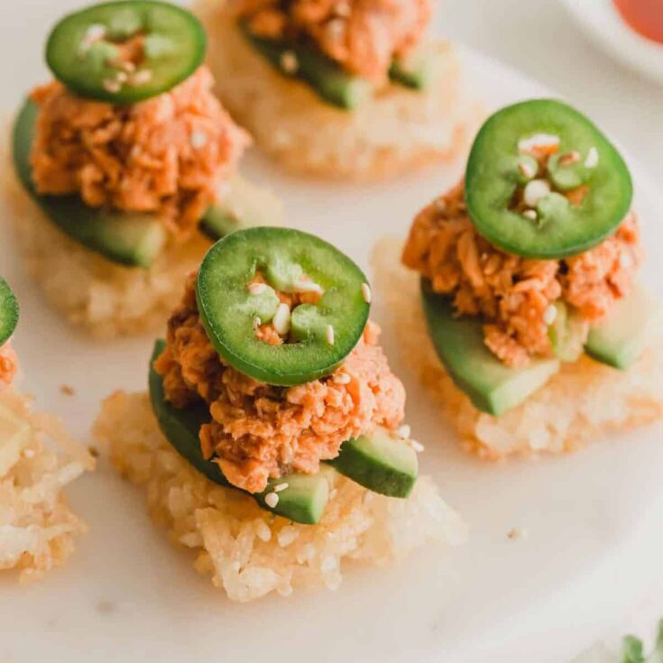 Crispy sushi rice with spicy salmon made after reading these One bite appetizers