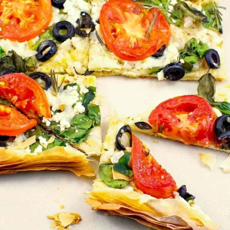 Greek vegetarian phyllo pizza made after reading these New Years Eve appetizers