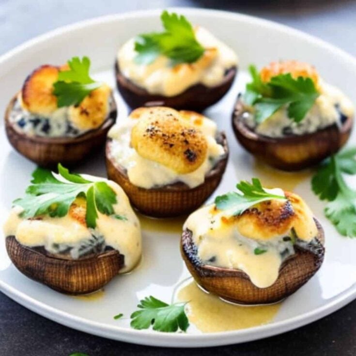 A plate of Longhorn steakhouse stuffed mushrooms made after reading these One bite appetizers