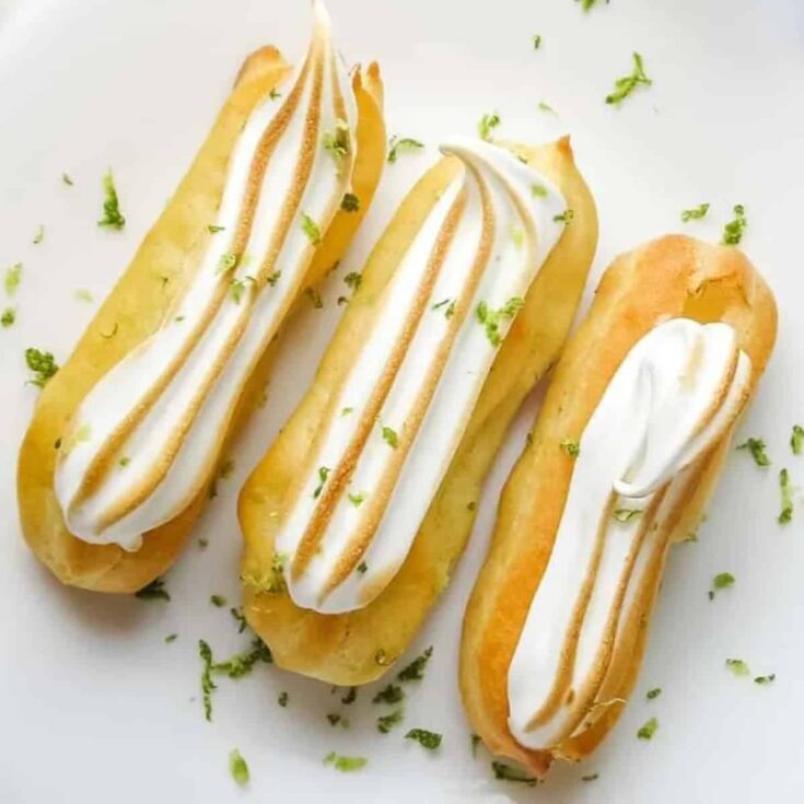 A set of mini eclairs with lime custard filling and meringue topping made after reading these Bite sized desserts