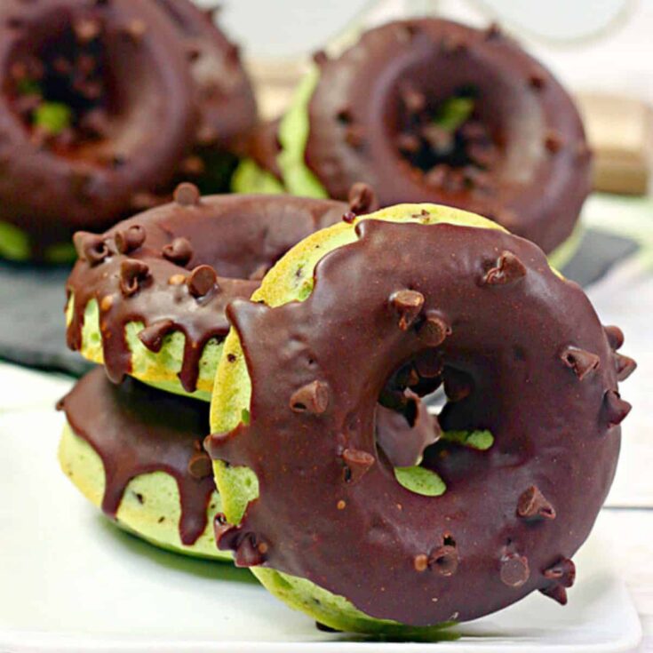 Mint chocolate chip baked donuts made after reading these St. Patricks Day treats