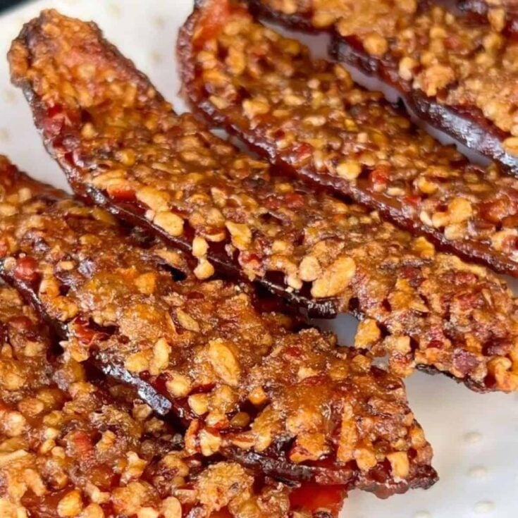 Pecan candied bacon made after reading these New Years Eve appetizers