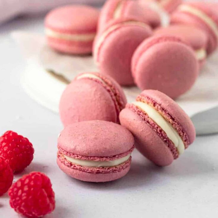 Pink raspberry macarons made after reading these Bite sized desserts
