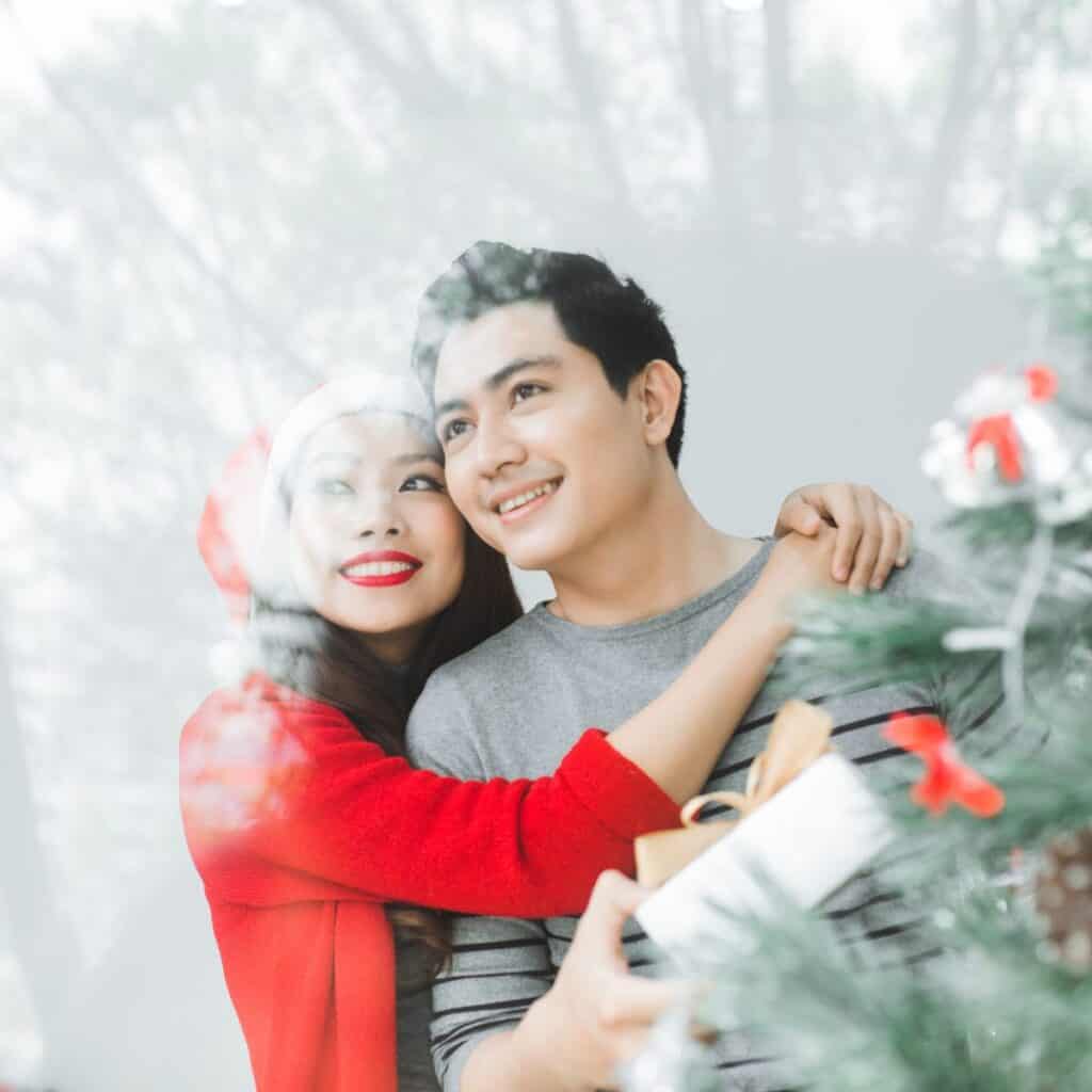 A happy couple looking outside the window: How to survive your family Christmas