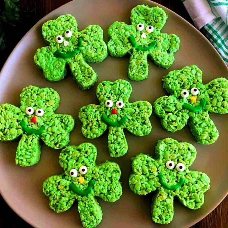 A plate of Shamrock Rice Krispie treats made after reading these St. Patricks Day treats