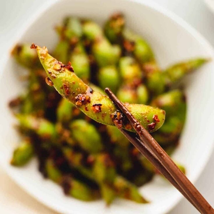 Spicy edamame with garlic made after reading these New Years Eve appetizers