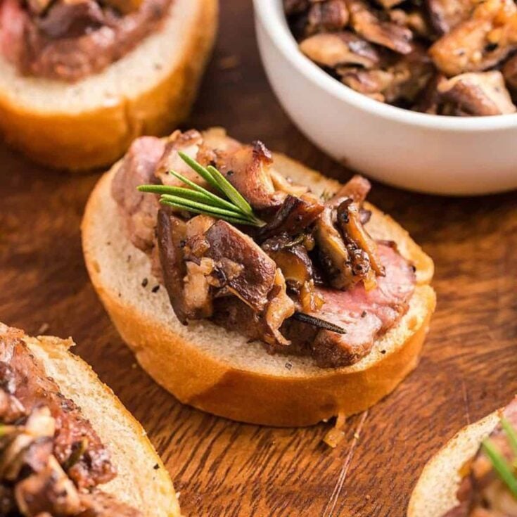 Steak and shiitake mushroom bruschetta crostini made after reading these New Years Eve appetizers