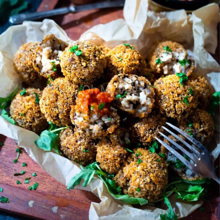 Vegan chestnut mushroom arancini made after reading these One bite appetizers