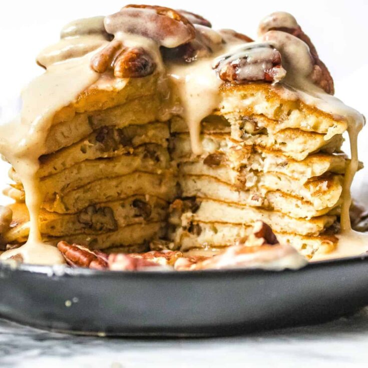 Banana cinnamon pancakes with maple brown butter glaze