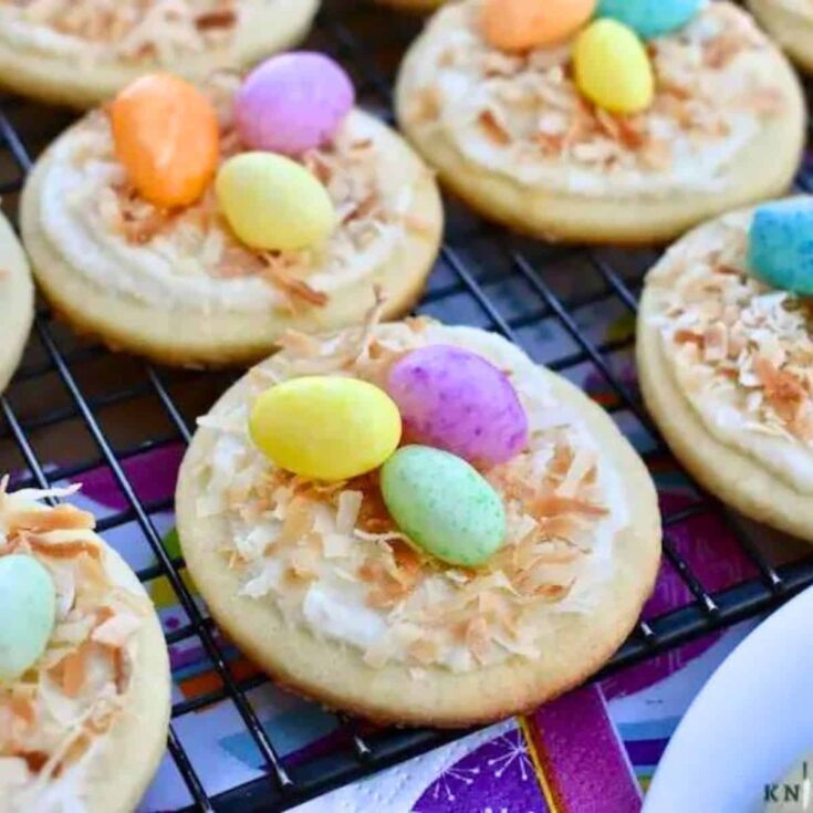 Birds nest sugar cookies topped with colorful little eggs