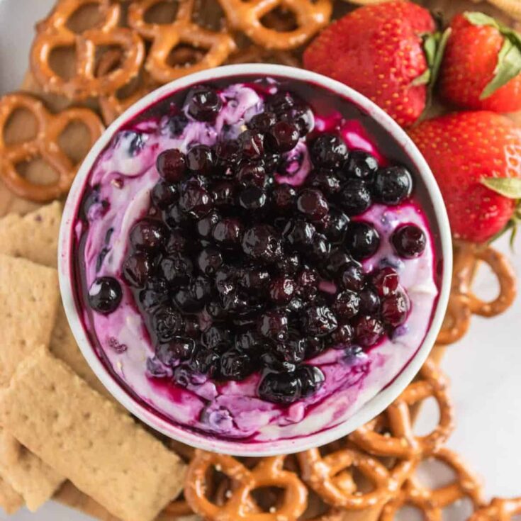 A bowl of blueberry cheesecake dip surrounded with pretzels, strawberries, and biscuits