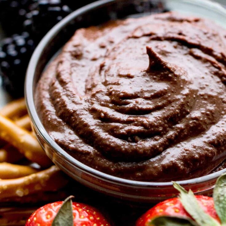 A bowl of brownie batter hummus sided with strawberries, pretzels, and blackberries