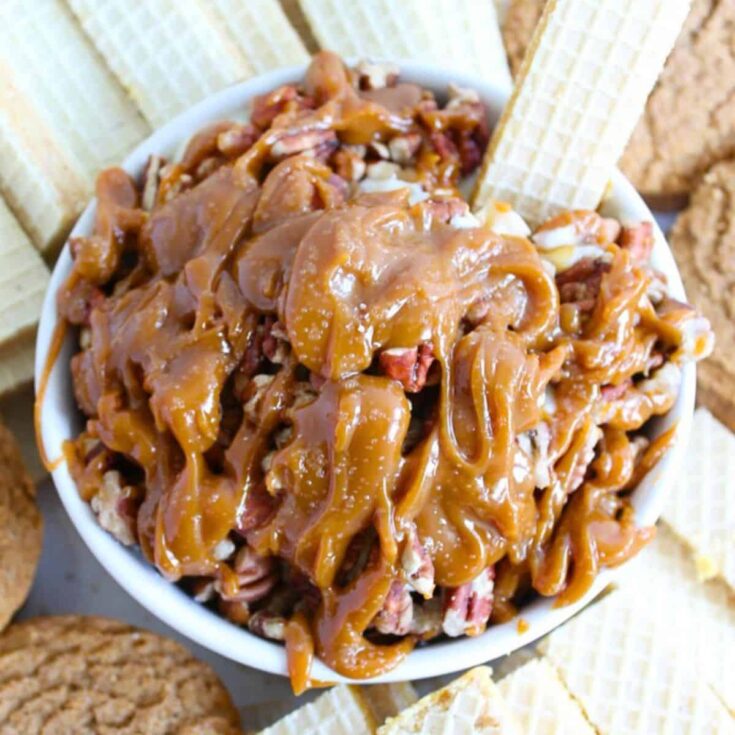 A bowl of cheesecake dip with salted caramel and pecans