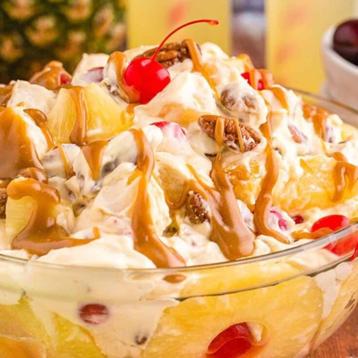 A bowl of cheesecake salad pineapple upside-down cake