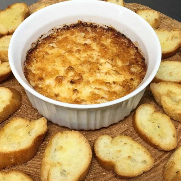 A bowl of cheesy baked Vidalia onion dip