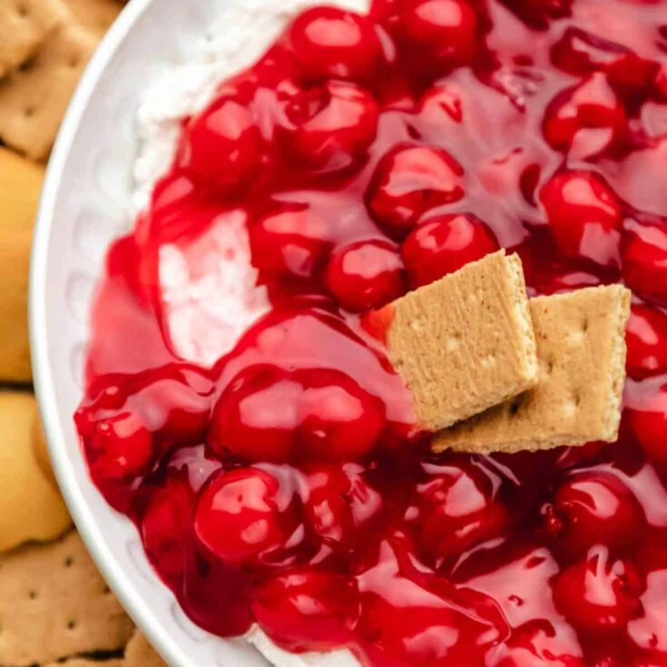 A bowl of cherry cheesecake dip with biscuits on top