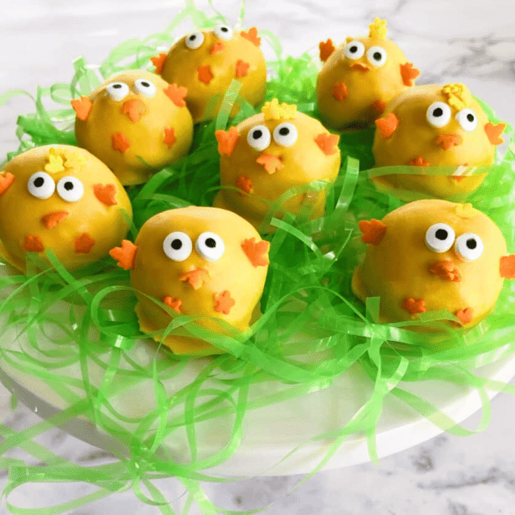 Chick cake pops on a plate
