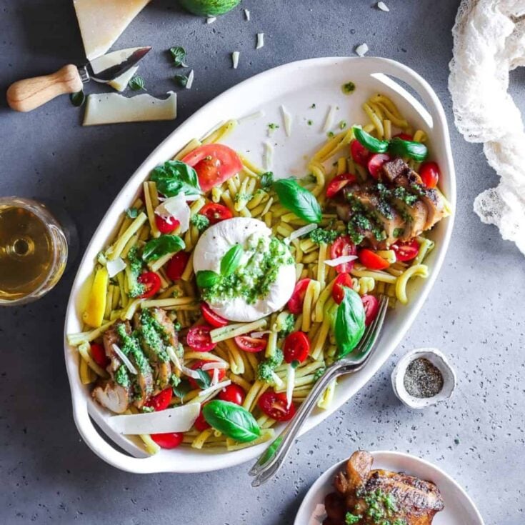 Chicken Caprese salad with creamy basil pesto