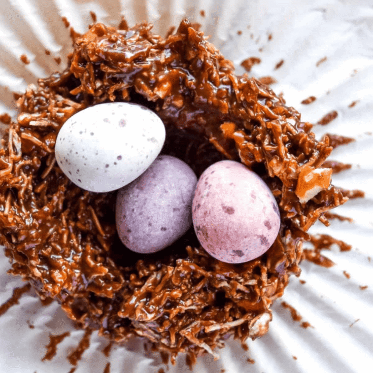 Chocolate Easter nest cakes topped with little eggs