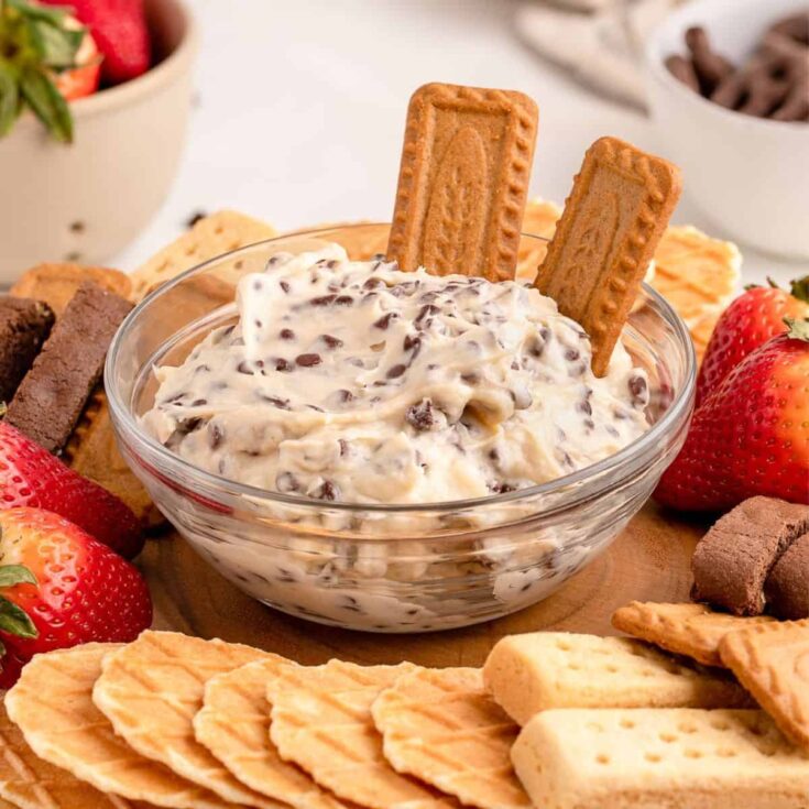 Chocolate chip dip with biscuits and strawberries on the side