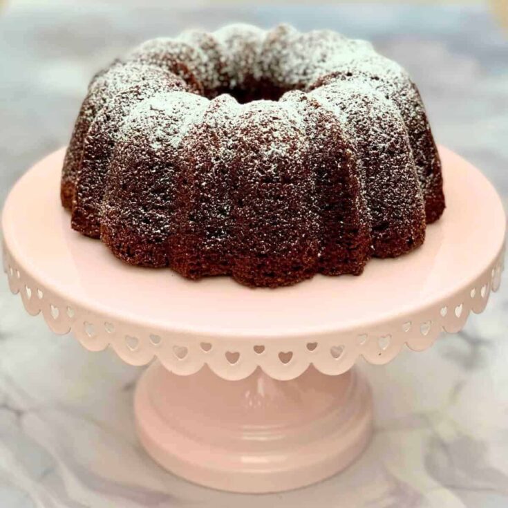 Chocolate kahlua cake topped with powdered sugar