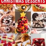 A collage of chocolate peppermint mini bundt cakes, mincemeat tarts, fruit Christmas tree, cherry cheesecakes, chocolate Christmas tree pastry, red velvet brownies, peppermint oreo cheesecake, and eggnog bread pudding, with the text overlay 30 delicious Christmas desserts