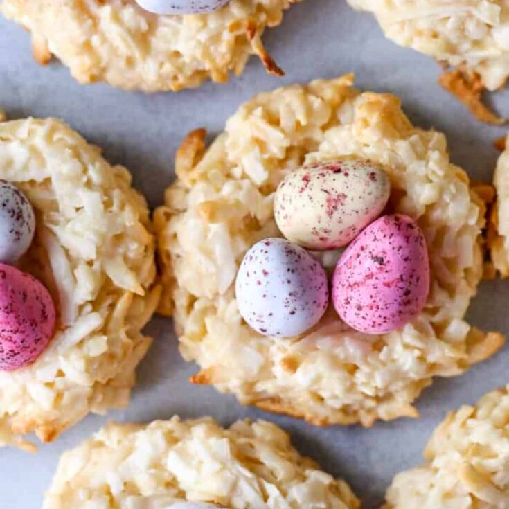 Coconut birds nest cookies topped with little eggs