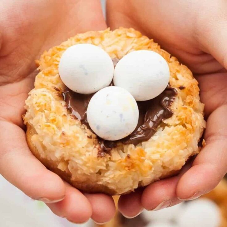 A person holding a coconut macaroon Nutella nest cookies