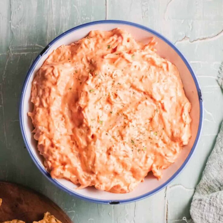 A bowl of crockpot buffalo chicken dip