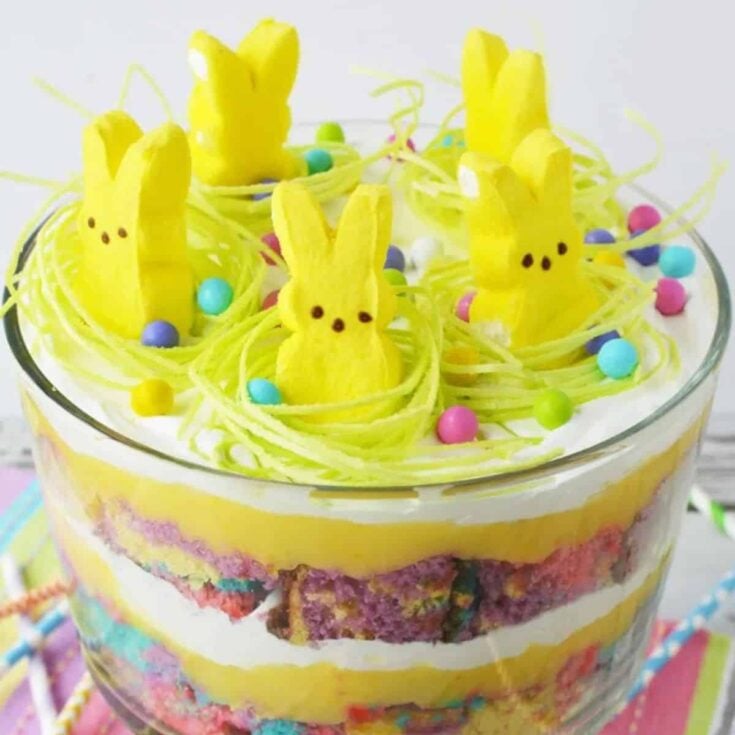 Easter trifle dessert topped with little yellow bunnies