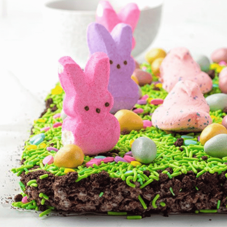 Easter Rice Krispie treats topped with colorful easter bunnies