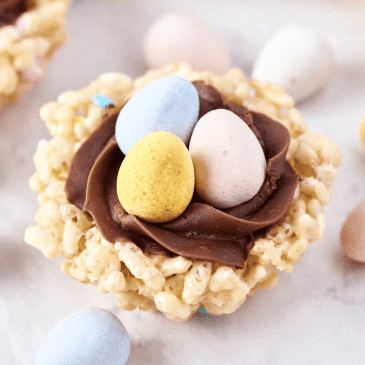 Easter Rice Krispie treat nests topped with little easter eggs