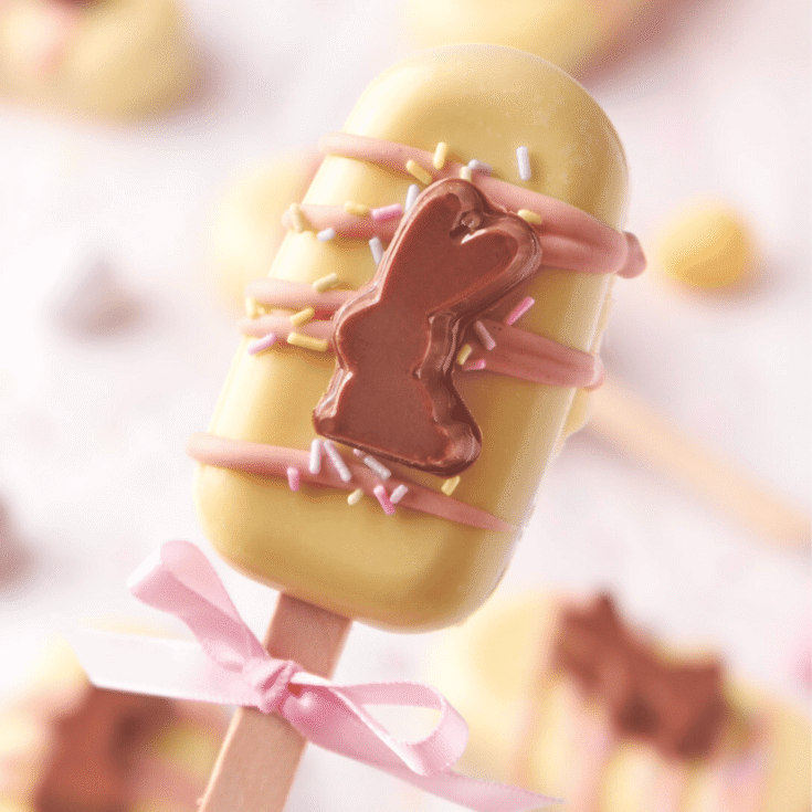 Easter cakesicles topped with a bunny shaped chocolate