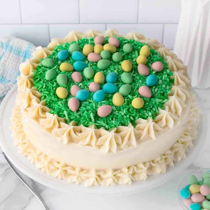 Easter coconut cake topped with small eggs
