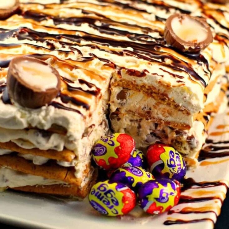 Sliced Easter creme egg icebox cake