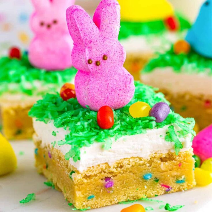 Easter sugar cookie bars topped with colorful bunnies